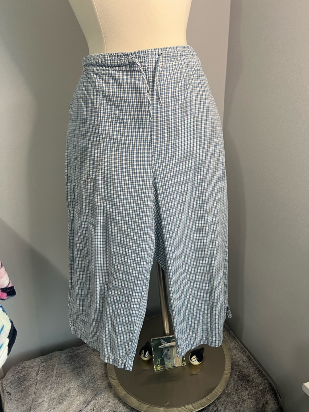 Vintage Studio Size XL Blue White Gingham Checkered Capri Pants Drawstring Waist